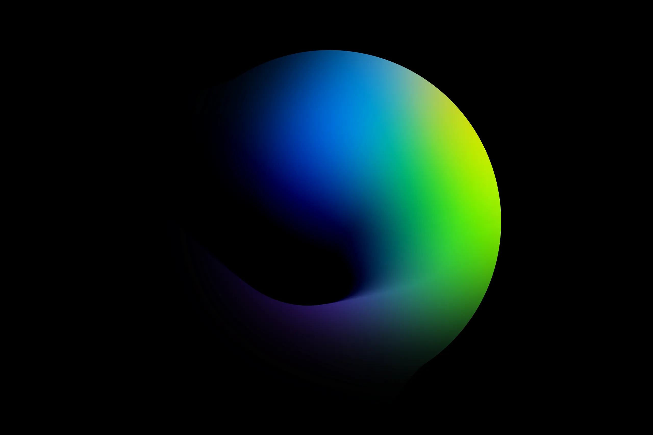 Abstract gradient sphere blending blue, cyan, yellow, and purple on a black background.